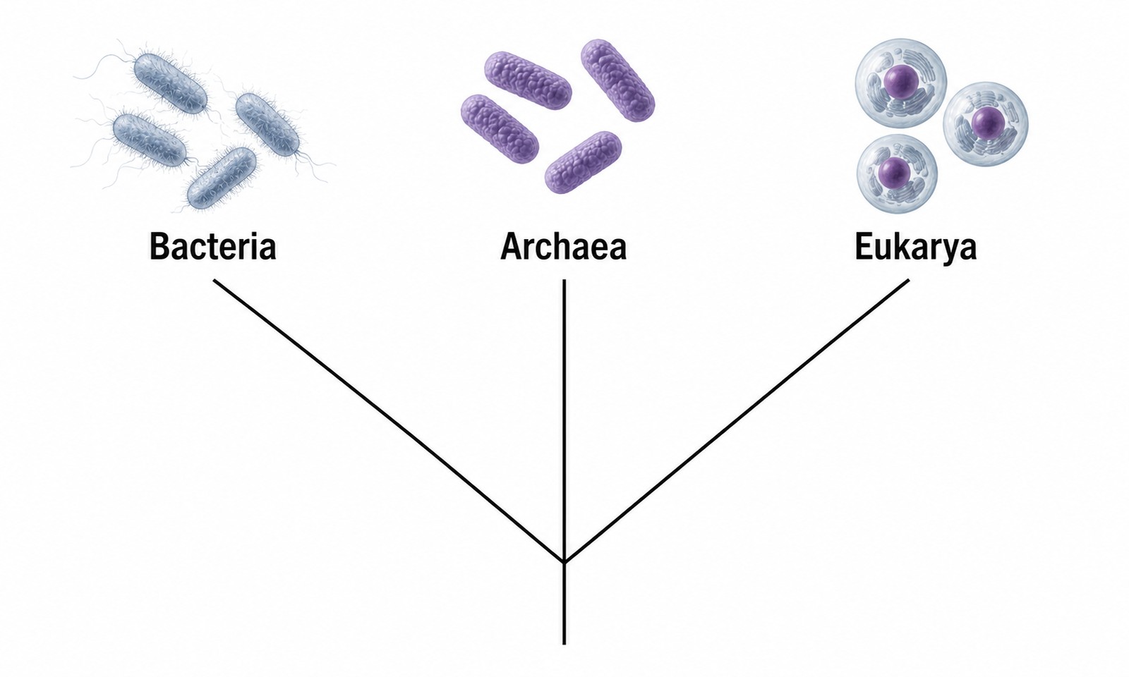Three branches, three domains. Memorize which has a nucleus and which doesn't.