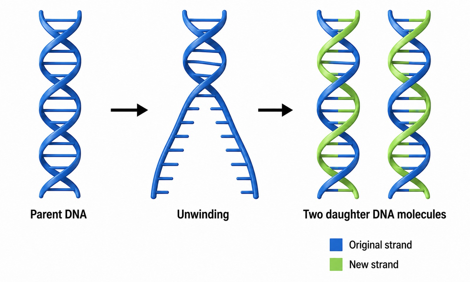 One old strand + one new strand = semi-conservative. The image visualizes the rule; the term is your job to remember.