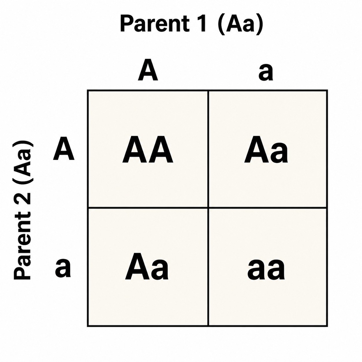 Aa × Aa cross. Read the cells: 1 AA, 2 Aa, 1 aa. Both letters in a cell come from one parent each.